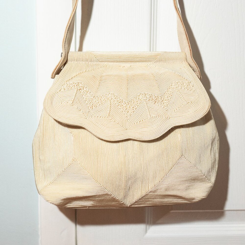 Vintage White Ribbed Purse with Long Shoulder Strap